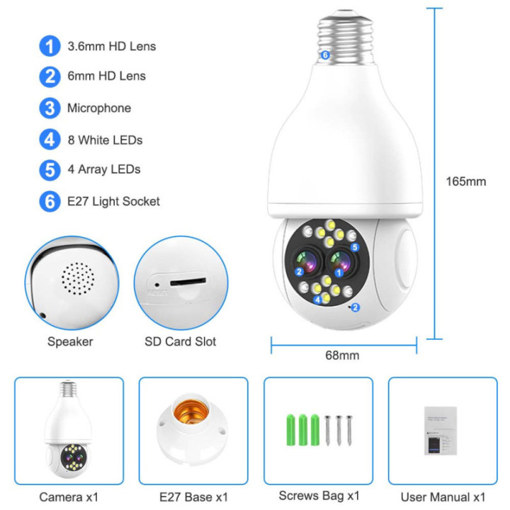 IPcamera da porta lampada E27 interna 2MP - Wireless H.265 - Auto Tracking - APP iCSee