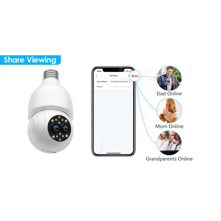 IPcamera da porta lampada E27 interna 2MP - Wireless H.265 - Auto Tracking - APP iCSee