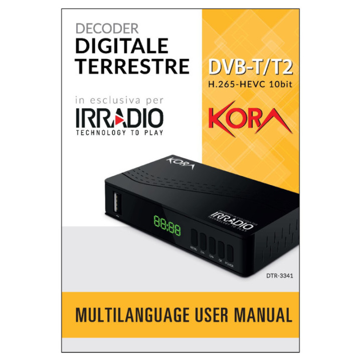 Decoder digitale terrestre IRRADIO KORA DTR-3341 dvb-t2 hevc h.265 60hz, 10bit